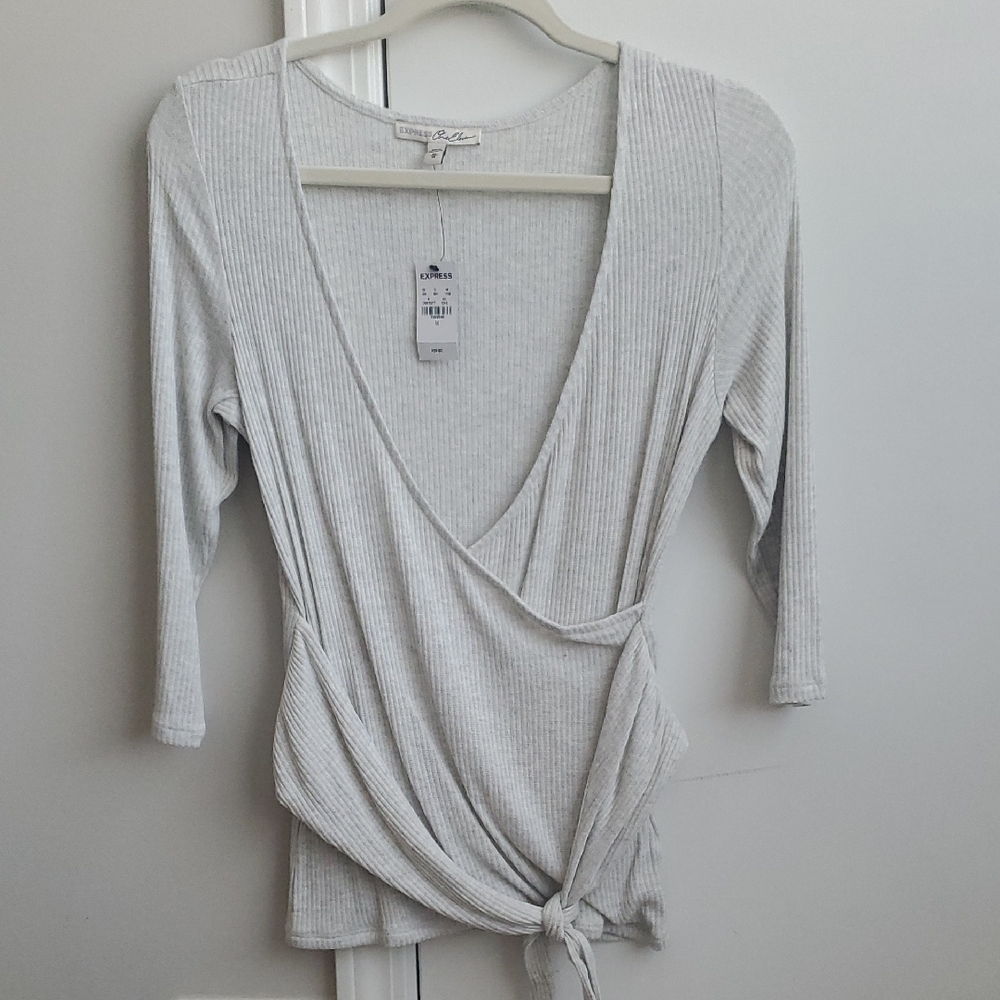 Express Light Gray Ribbed Wrap Blouse